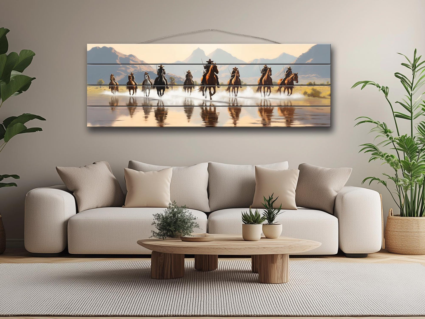 Retro Style Cowboys on Horses Print On Natural Wood -Wild West Wall Art