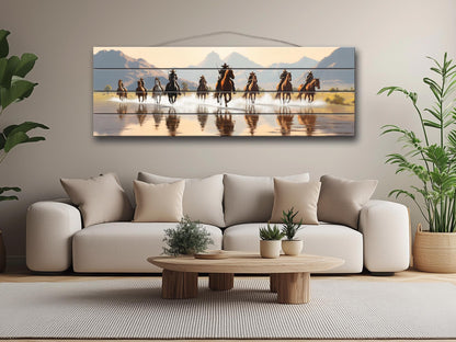 Retro Style Cowboys on Horses Print On Natural Wood -Wild West Wall Art