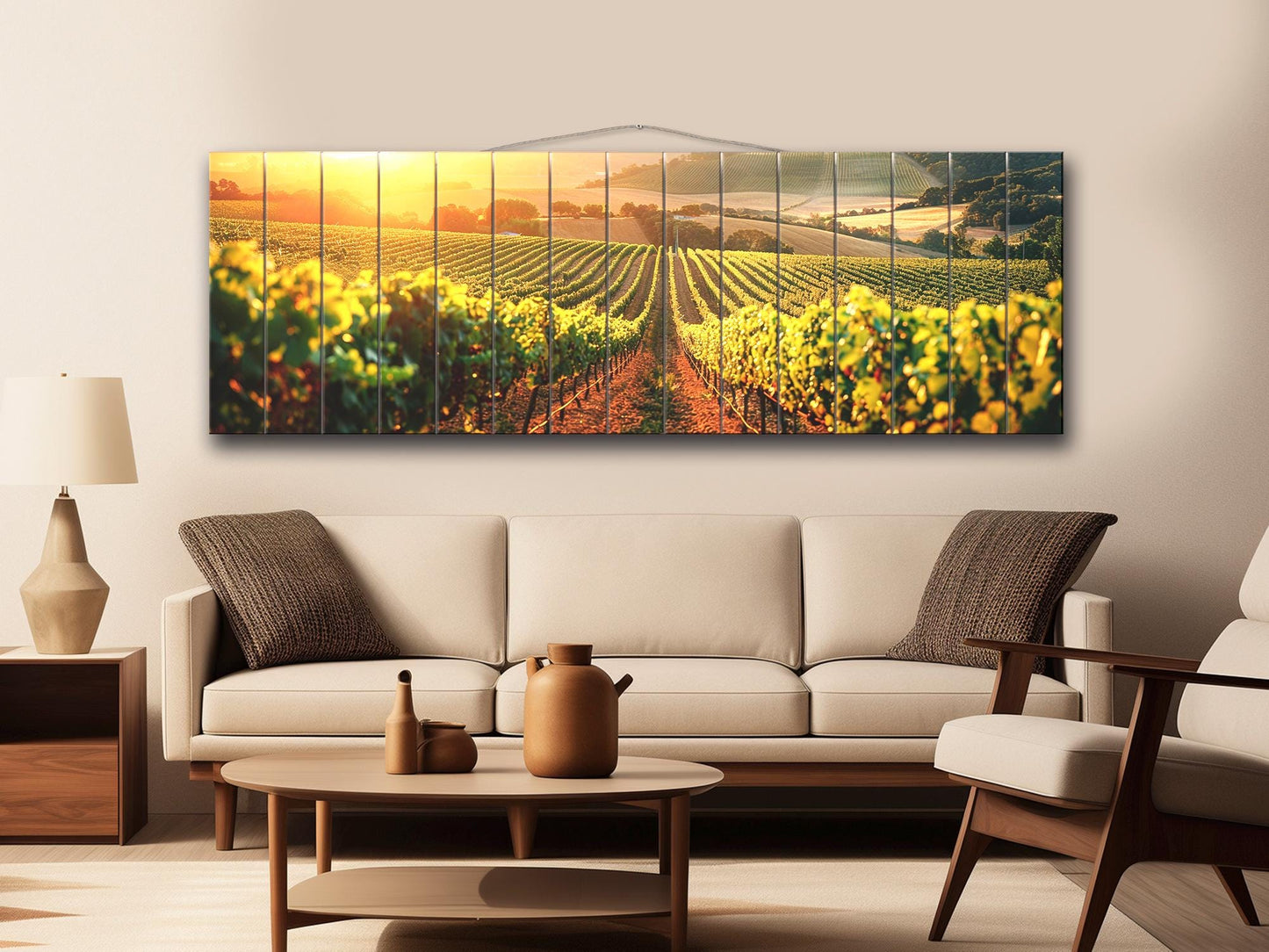 Vineyard Wood Print – Rustic Wood Wall Art with Sunlit Vineyard Landscape