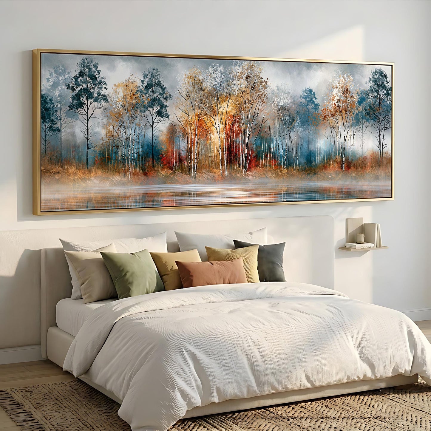 a large, framed painting of a serene landscape with trees and a body of water, hanging above a bed with white bedding and colorful throw pillows.
