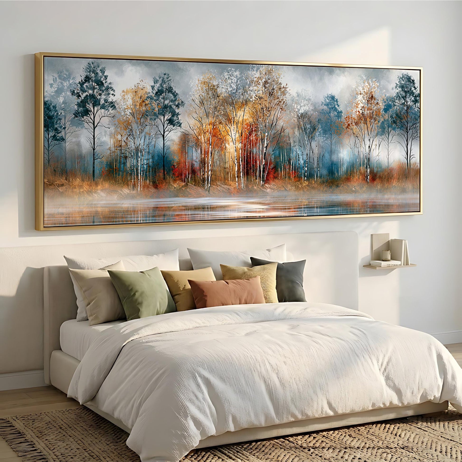 a large, framed painting of a serene landscape with trees and a body of water, hanging above a bed with white bedding and colorful throw pillows.