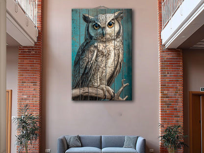 Wood Wall Art – Piercing Owl Wood Print on Linden Planks | Rustic Farmhouse Decor