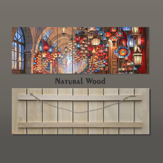 The image is a collage of multiple images depicting a colorful and vibrant interior space, likely a market or store filled with various lanterns and decorations.