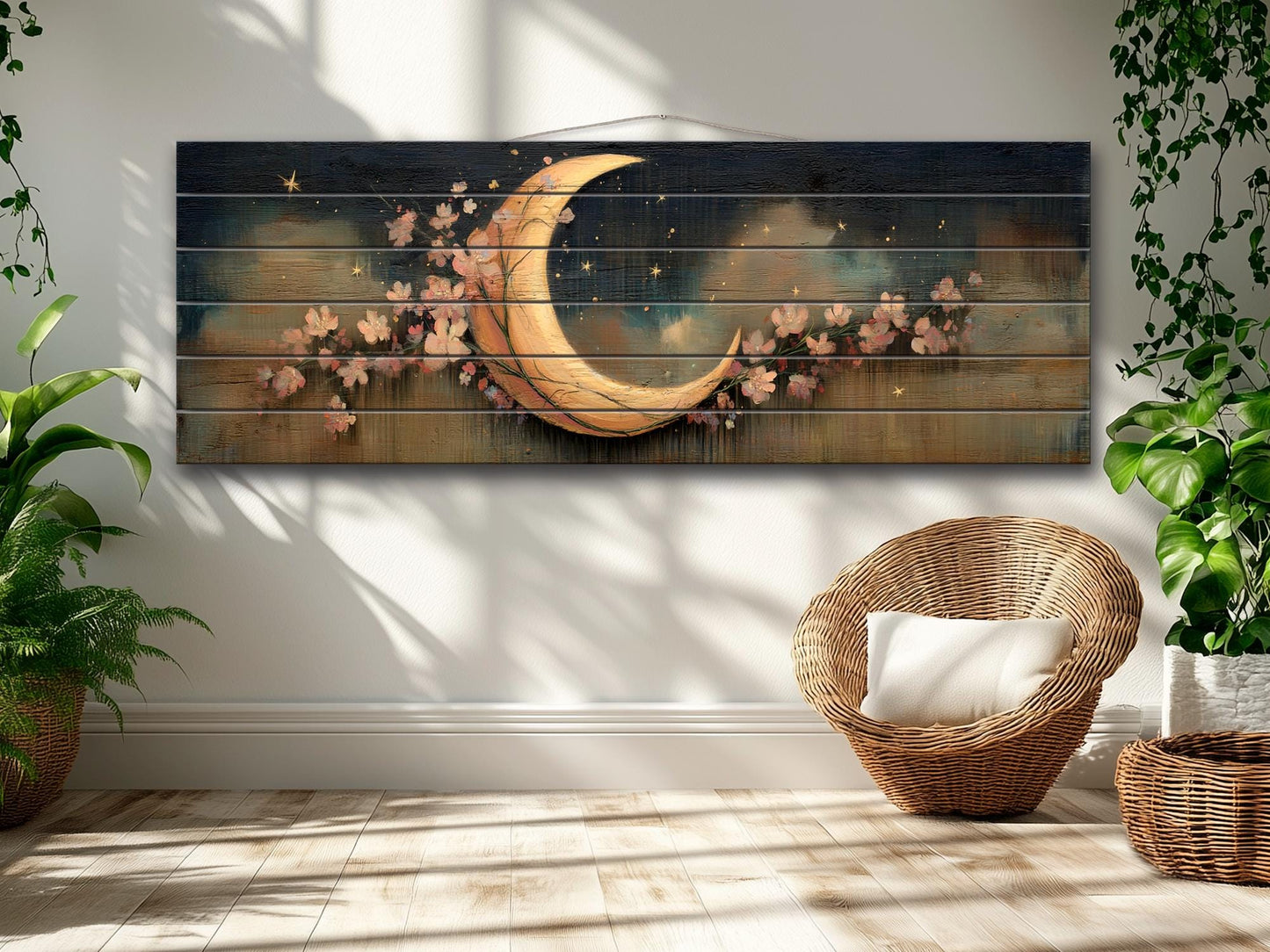 Crescent Moon Wall Art – Rustic Wood Print With Flowers | Boho Nursery Decor