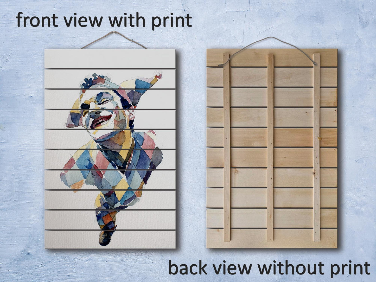 Wooden Wall Art - Rustic Wood Print Jester Watercolor on Natural Wood Plank Painting