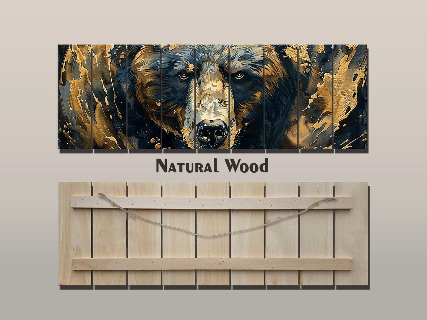 Black Gold Wood Art – Natural Wood Print with Abstract Black and Gold Bears