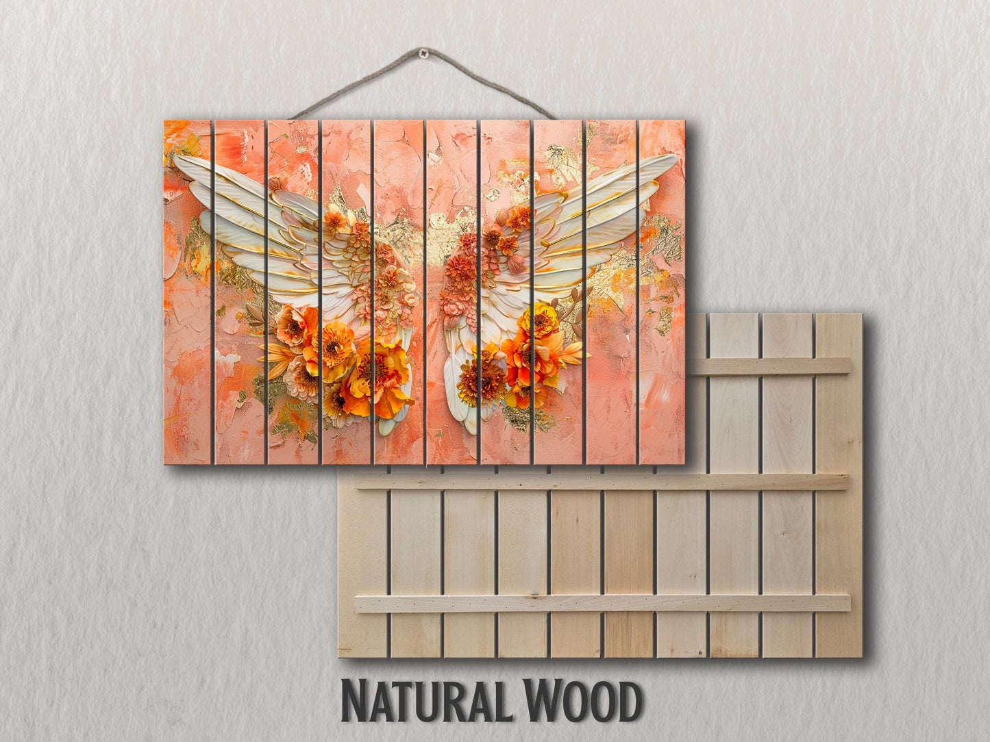 Wood Wall Art – Angel Wings Painting on Wood Planks | Rustic Religious Decor