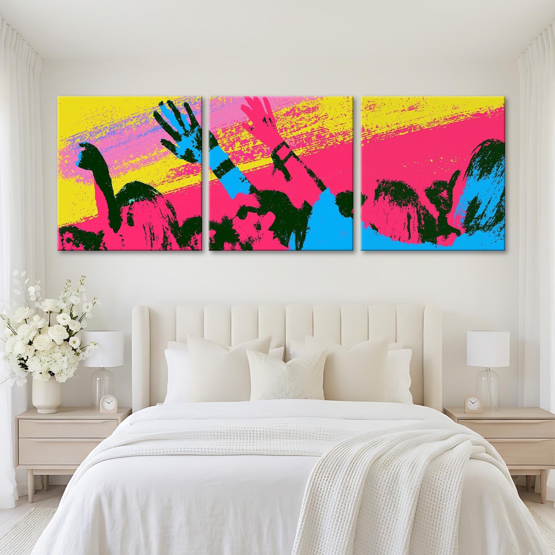 a bedroom with a large bed, white bedding, and a colorful abstract painting hanging on the wall above it.