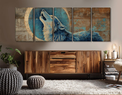 Wolf Canvas Print - Rustic Wolf Art Howling Under Crescent Moon | Framed & Ready to Hang