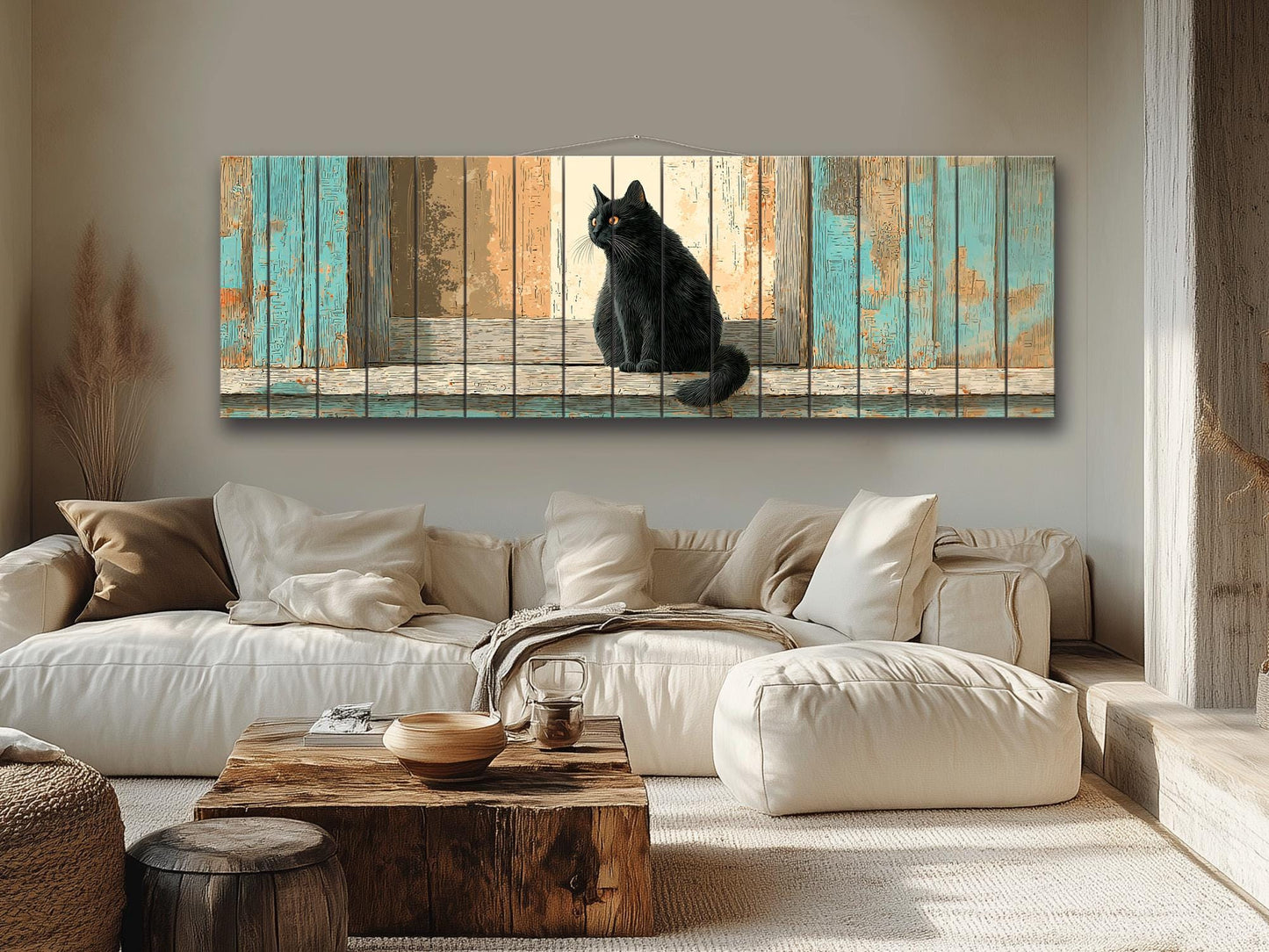 Black Cat Wood Art – Rustic Wood Print | Cozy Beige Aqua Wall Decor