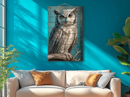 Wood Wall Art – Piercing Owl Wood Print on Linden Planks | Rustic Farmhouse Decor