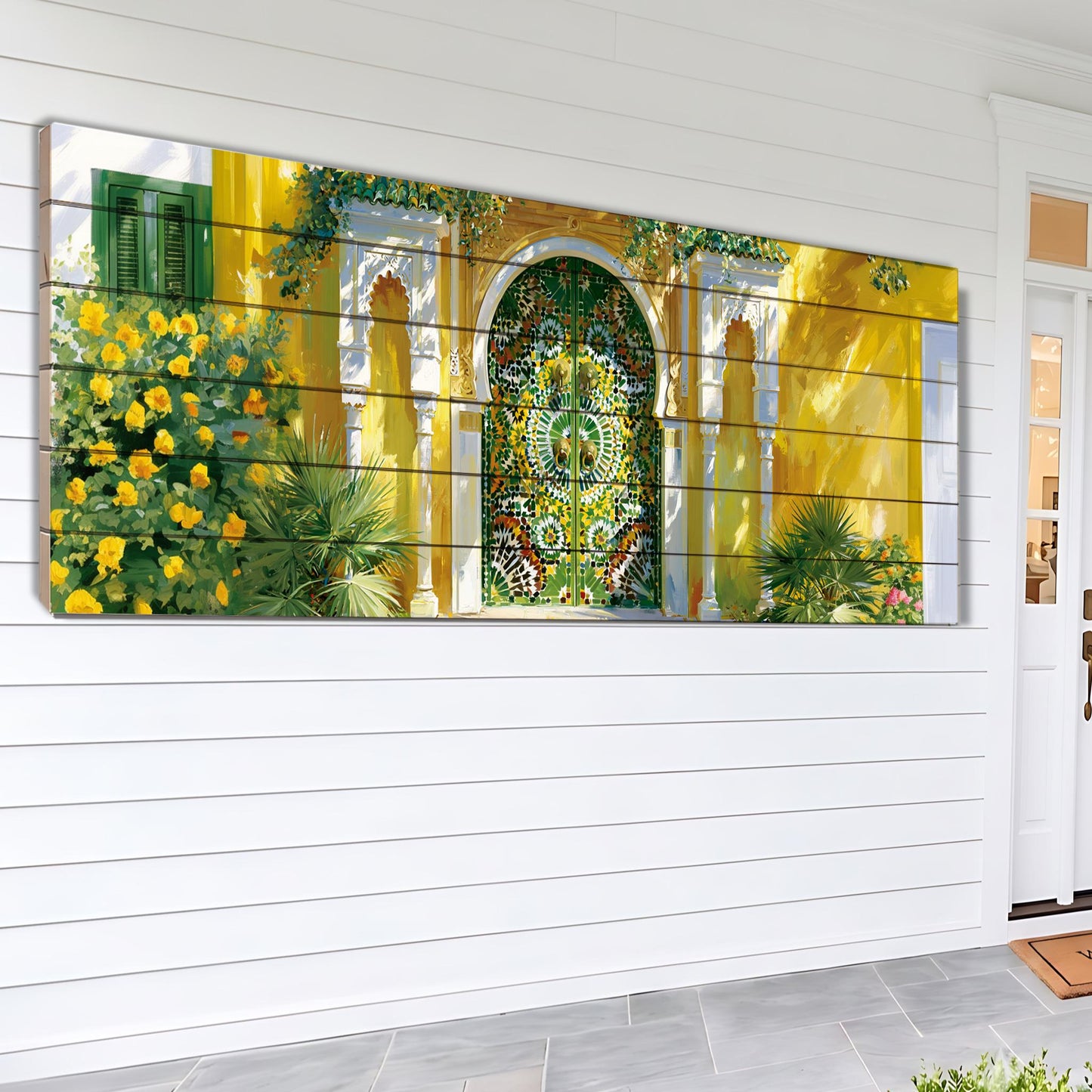 Moroccan Mosaic Door wood Print, Colorful Islamic Architecture Wall Art, Garden Entrance Painting