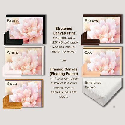various framed canvas prints in different colors and styles, including black, white, oak, gold, and stretched canvas print.