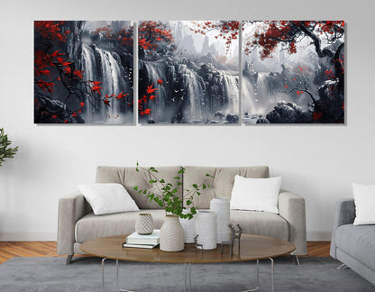 Waterfall Canvas Print – Large Scenic Wall Art With Red Trees, Framed & Ready to Hang