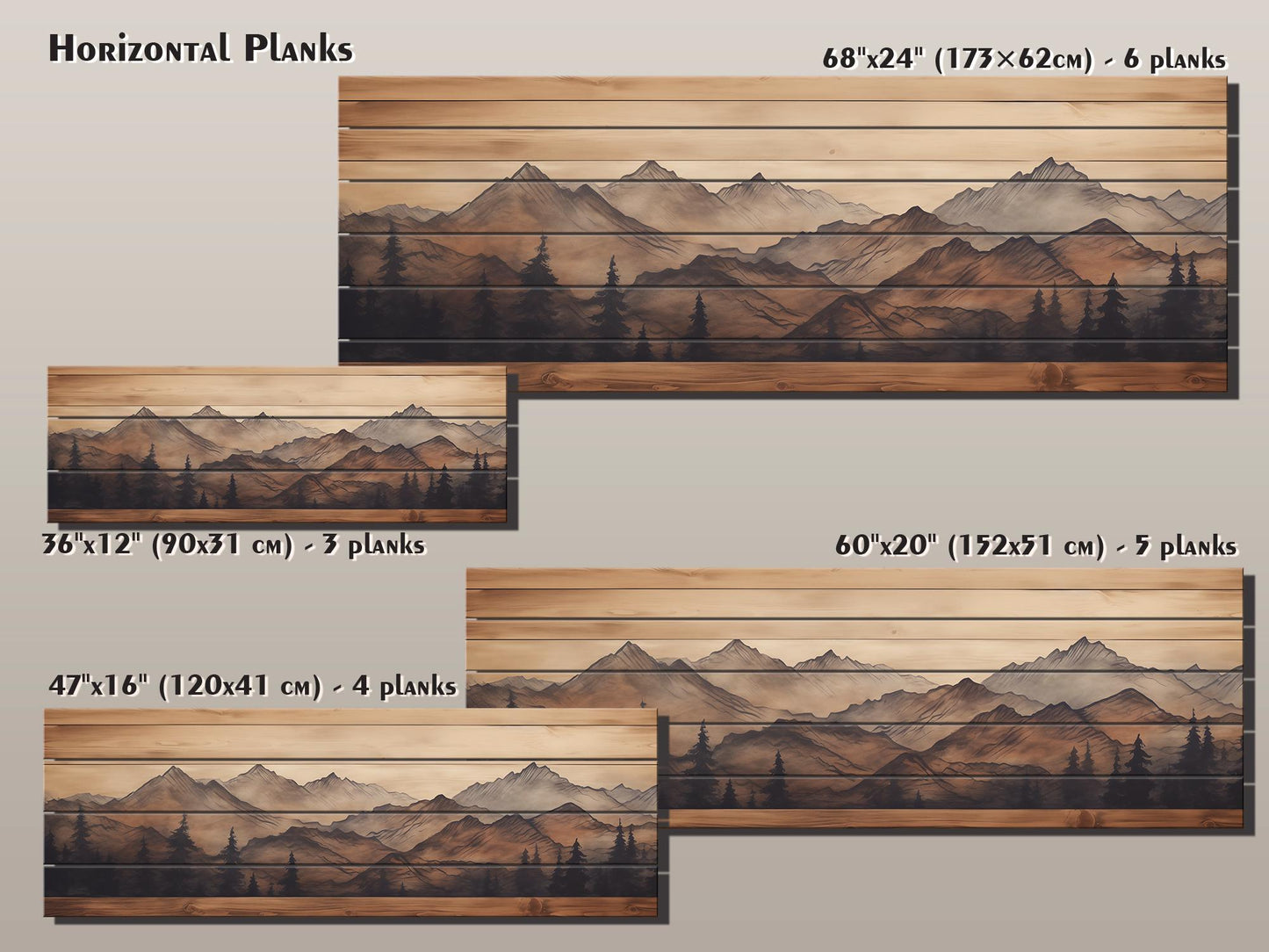 Rustic Wood Wall Art – Panoramic Mountain Art Print on Natural Wood Planks