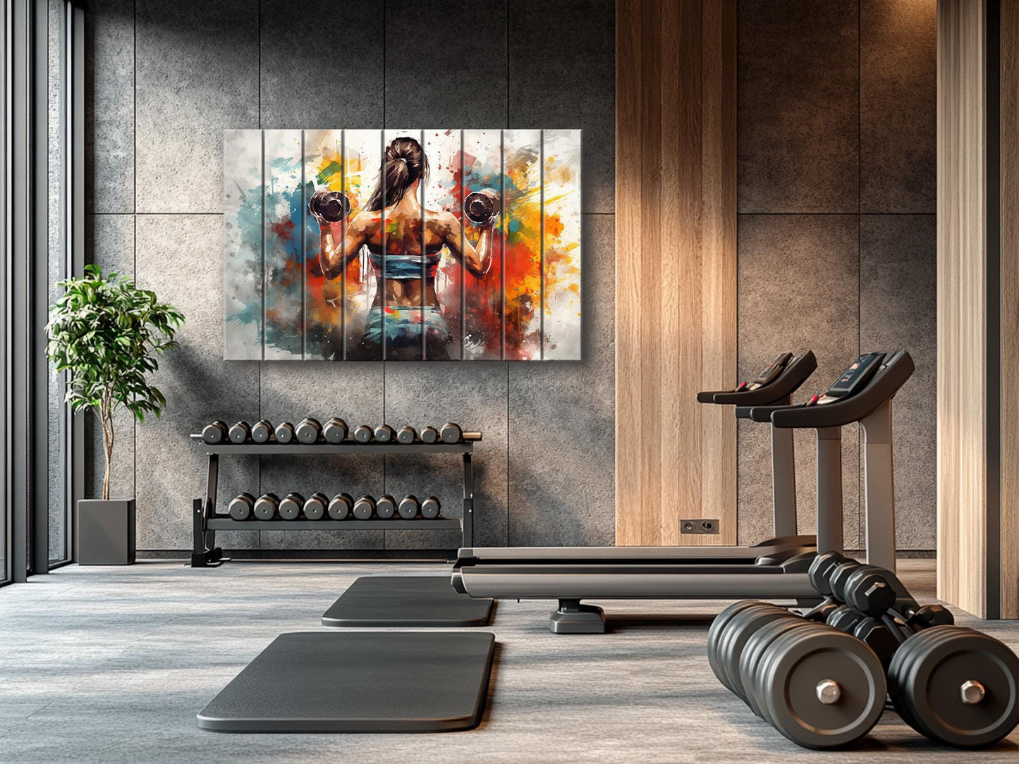 Girl with Dumbbells Painting – Wooden Gym Wall Art | Fitness Motivation Print