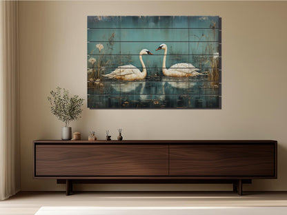 Rustic Swan Art Printed on Wood, Love Wall Art, Swans in Love Painting, Anniversary Gift, Romantic Gift, Bedroom Decor