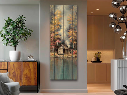 Wood Wall Art - Lakeside Fishing Cabin Wall Art – Autumn Forest Print on Wood – Cozy Lake House Decor, Rustic Natural Wall Decor