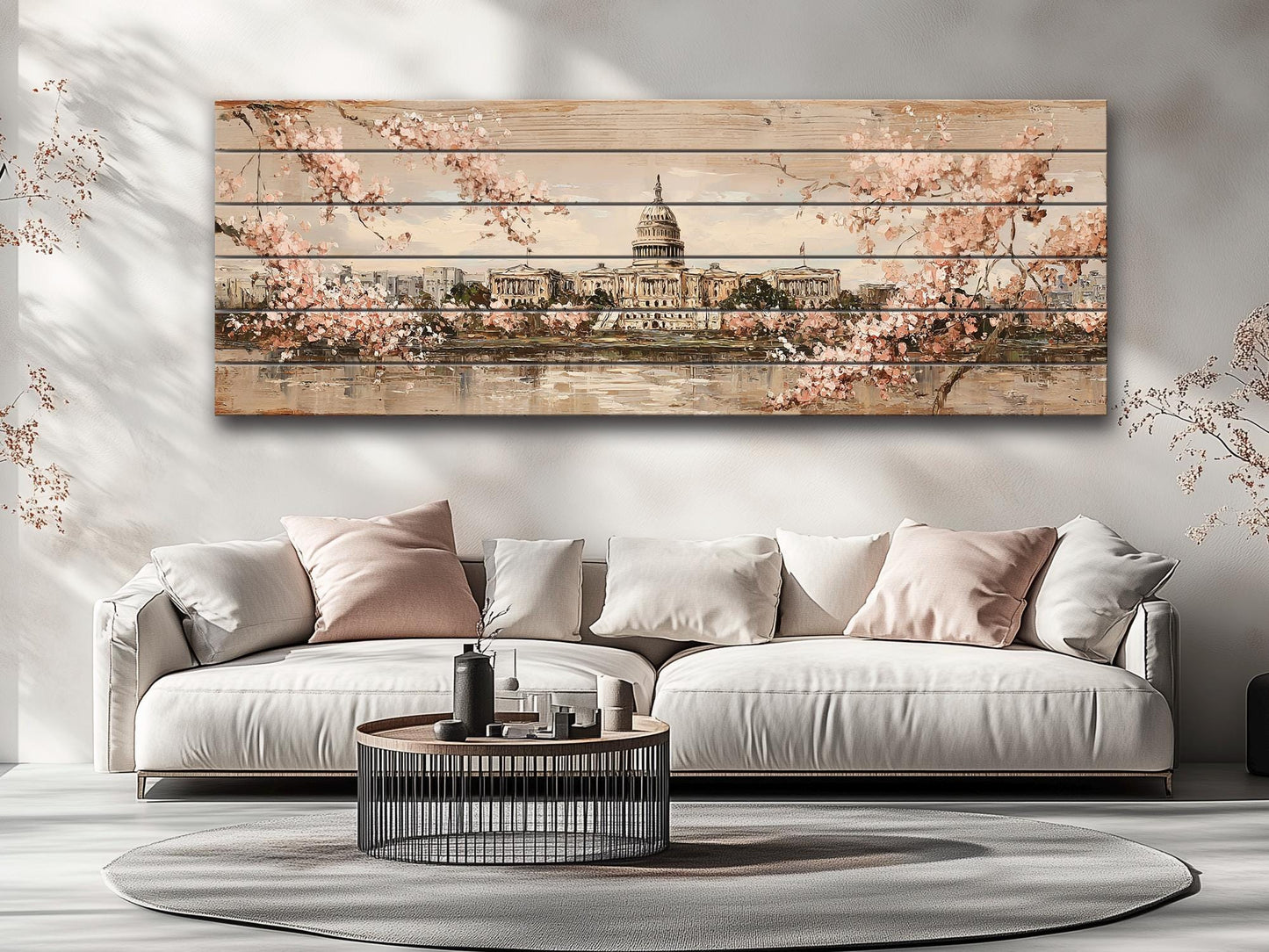 Washington DC Wood Print – Rustic Cityscape Wall Art With Capitol Cherry Blossoms