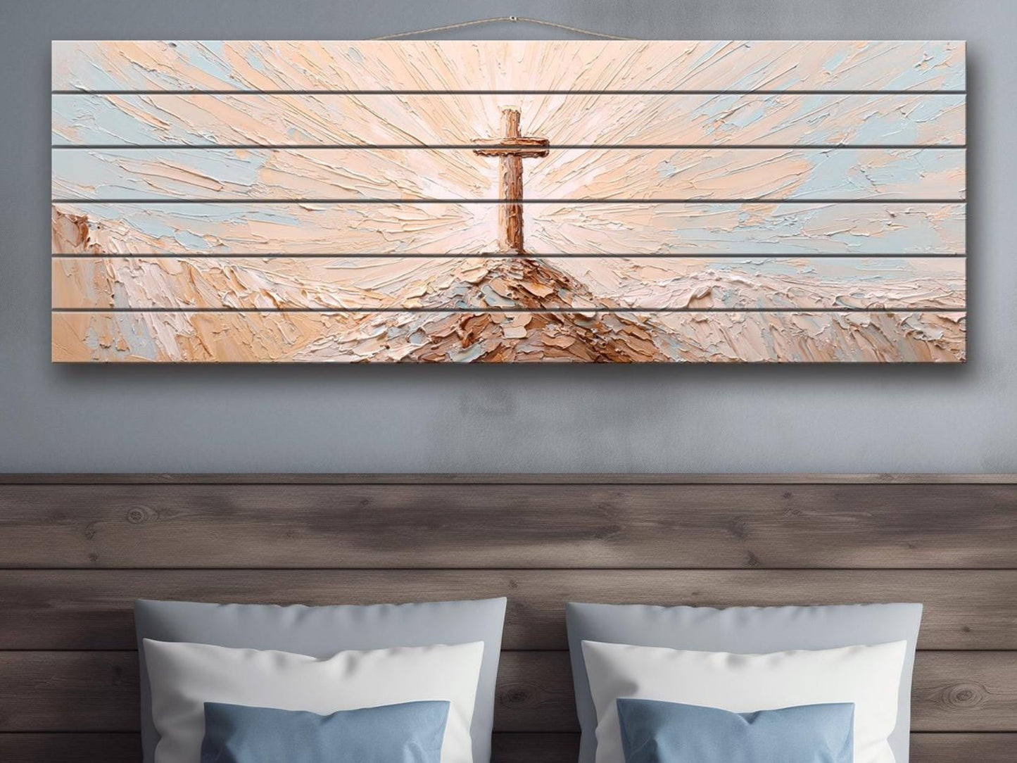 Wooden Cross on Mountain Peak Wood Print Wall Art, Religious Wall Decor