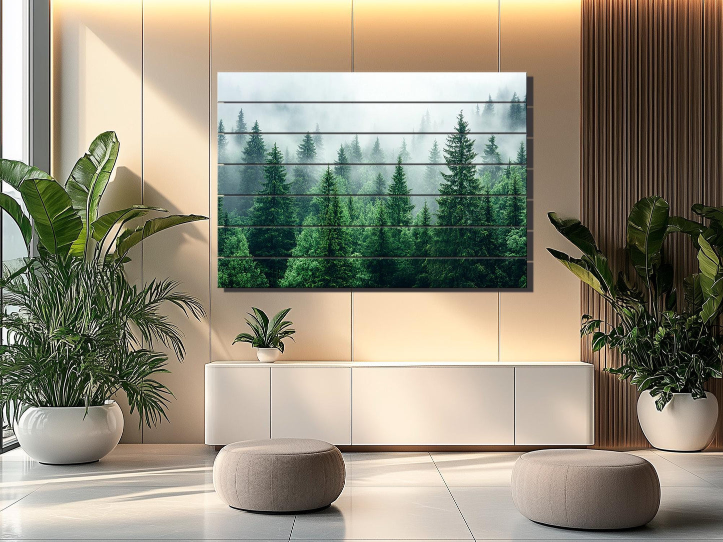 Rustic Wood Wall Art - Pine Forest Print on Natural Wood Planks | Misty Foggy Decor