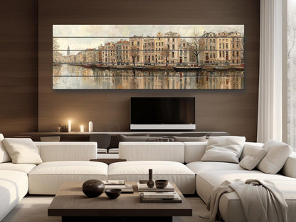 Amsterdam Canal Houses Print – Rustic Wood Wall Art | Beige Panoramic Decor