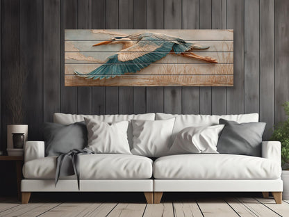 Heron Wood Wall Art - Rustic Nature Decor | Elegant Bird Poster on Wood Plank