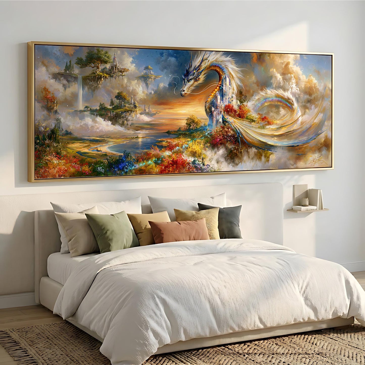 a large, colorful painting of a dragon and a castle in the sky, hanging on a wall above a bed with white bedding.