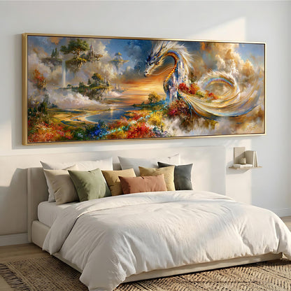 a large, colorful painting of a dragon and a castle in the sky, hanging on a wall above a bed with white bedding.