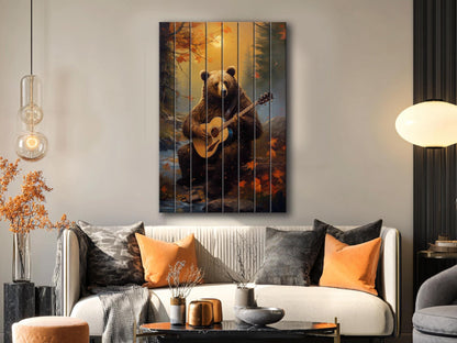 Bear Guitar Wall Art – Rustic Wood Print On Natural Wood Plank Art