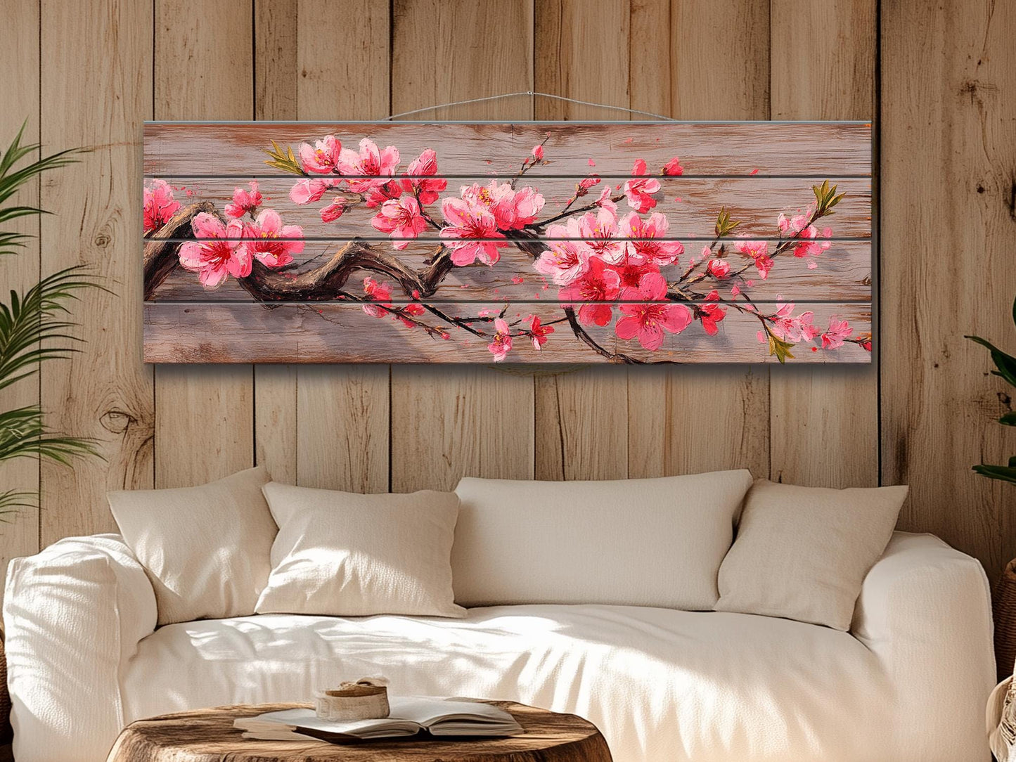 Wood Wall Art - Sakura Branch Painting Printed on Natural Wood, Sakura Tree Print, Japanese Wall Art, Rustic Japanese Wall Decor