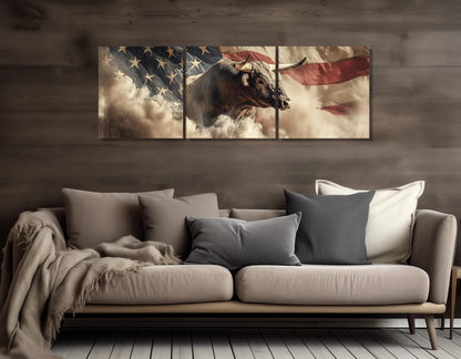 Rodeo Bull on the US Flag Canvas Print, Western Wall Art, Framed and Ready to Hang