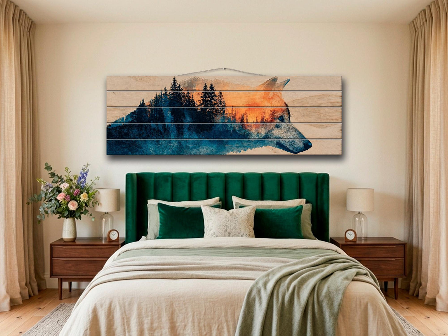 Wolf Silhouette with Forest Print on Wood, Rustic Wildlife Wall