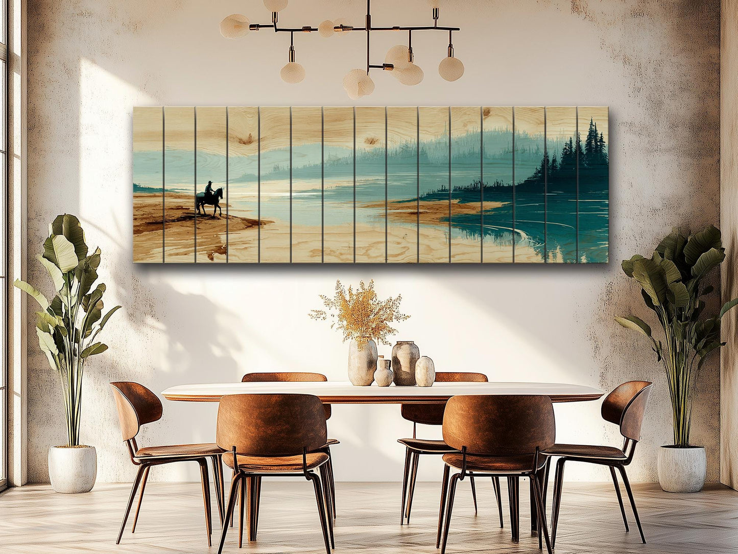 Horse River Wall Art – Rustic Cabin Wood Plank Artwork With Calm Water Landscape