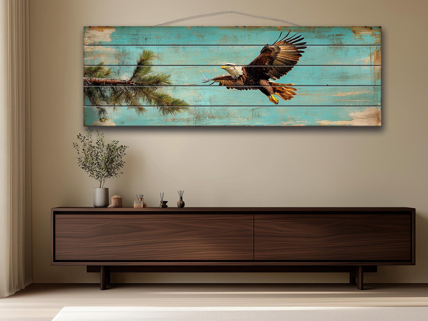 Rustic Wood Wall Art - Abstract American Bald Eagle Painting on Natural Wood Planks