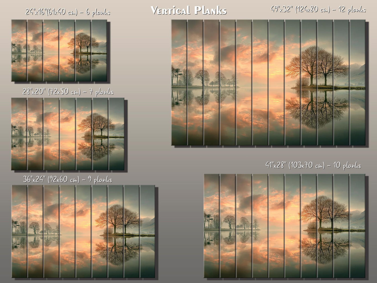 Sunset Lake Print on Wood, Trees Reflection Landscape, Rustic Nature Wall Decor
