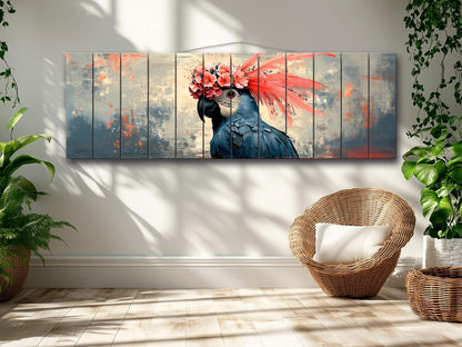 Wooden Wall Art - Abstract Parrot Painting on Natural Wood Planks | Rustic Tropical Bird Decor