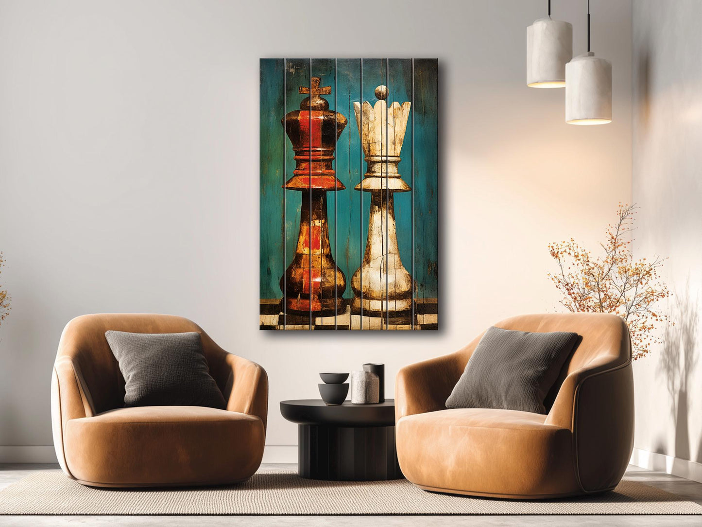 King Queen Chess Art - Rustic Wooden Chess Print On Natural Wood, Ready To Hang