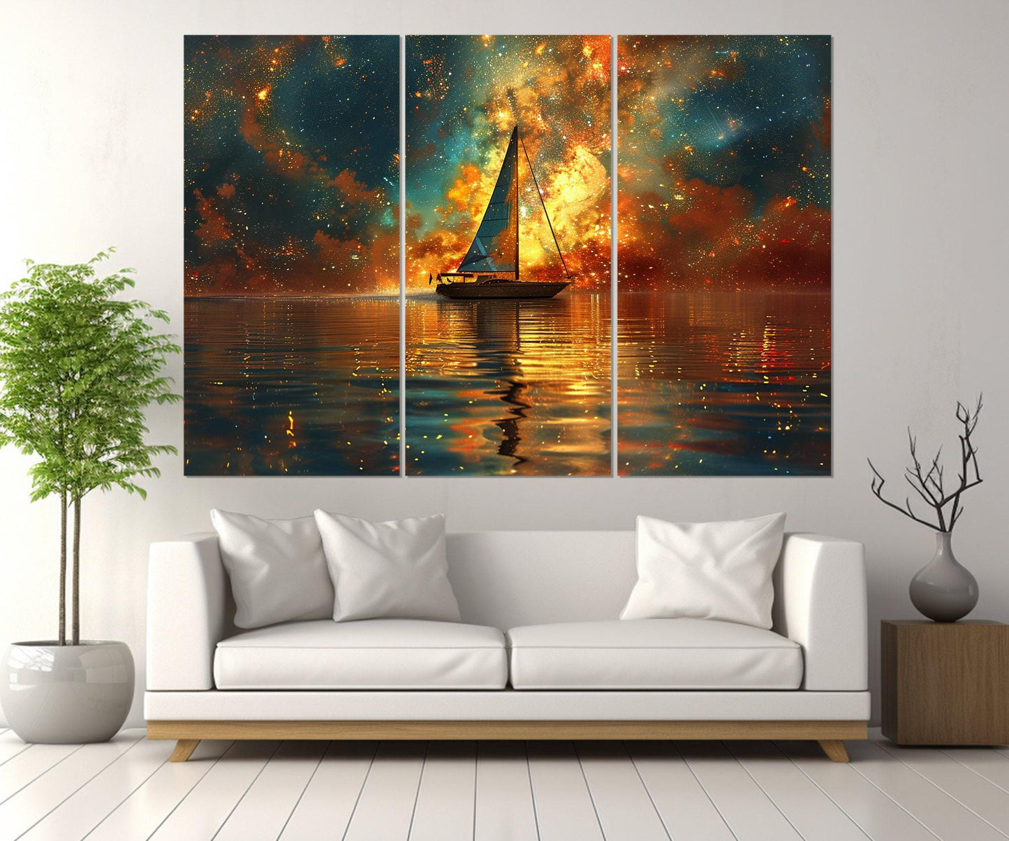 Milky Way Canvas Print – Abstract Galaxy Painting On Cotton Canvas With Sailboat Art