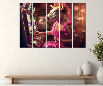 Casino Wall Art - Cow Playing Slots Print | Framed Canvas Ready to Hang