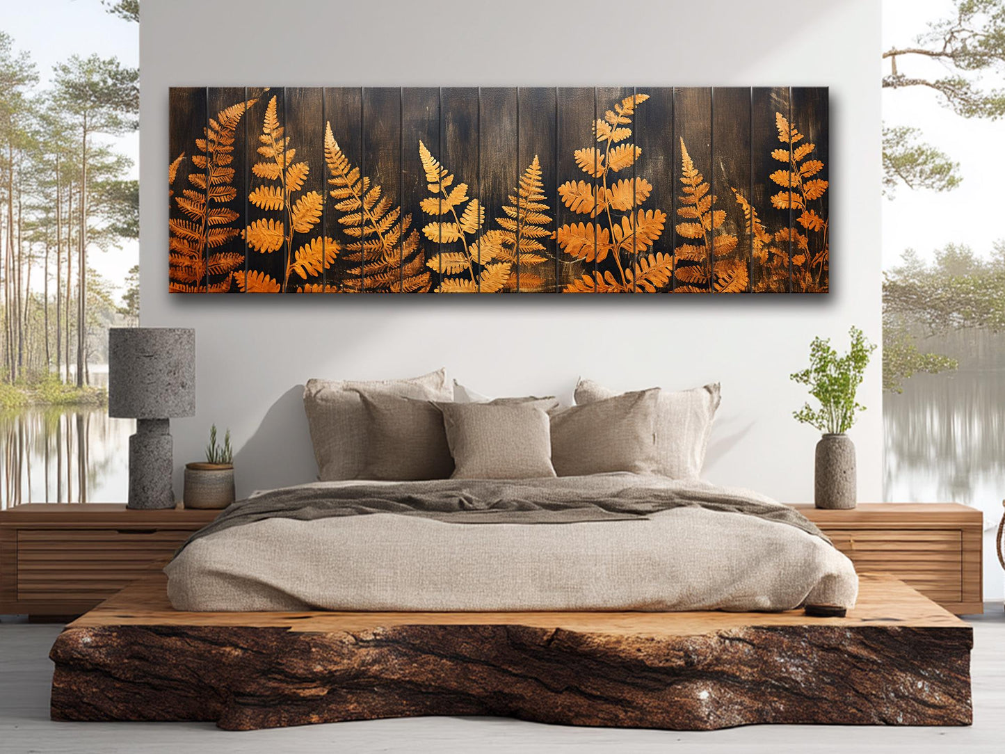Golden Ferns Rustic Art Printed on Natural Wood – Botanical Wall Decor