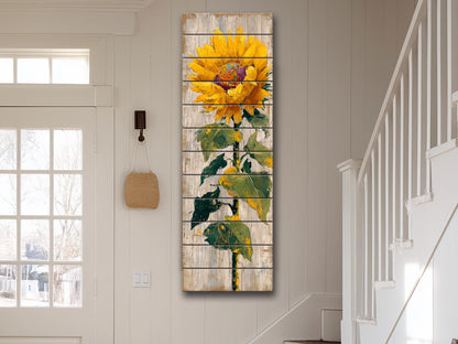 Rustic Sunflower Print on Natural Wood, Cozy Cabin Wall Decor, Wood Wall Art, Sunflower Painting, Vertical Floral Wall Art, Wood in Interior