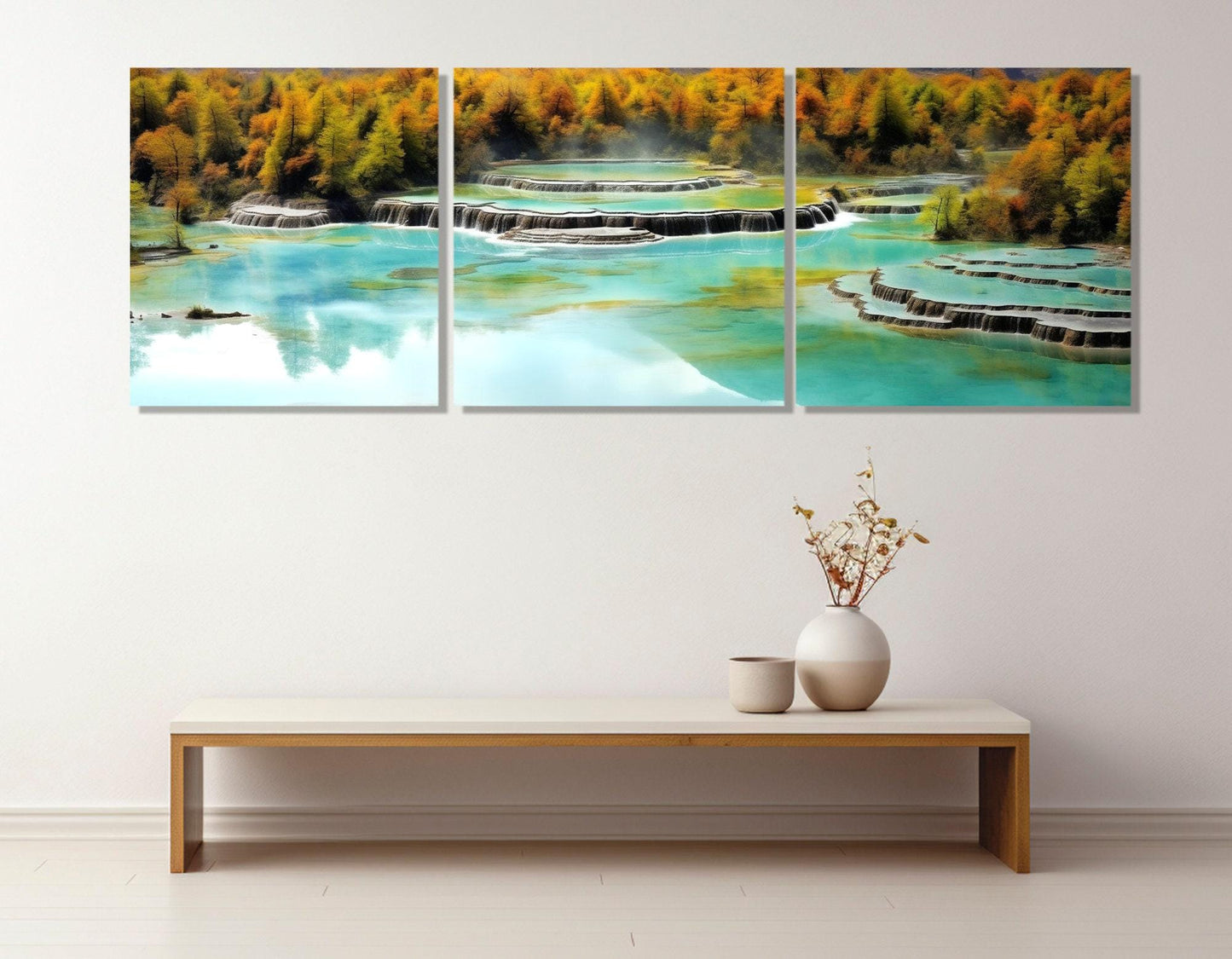 Huanglong Valley Canvas Print – Five Color Ponds Framed Wall Art, Large Asian Nature Painting