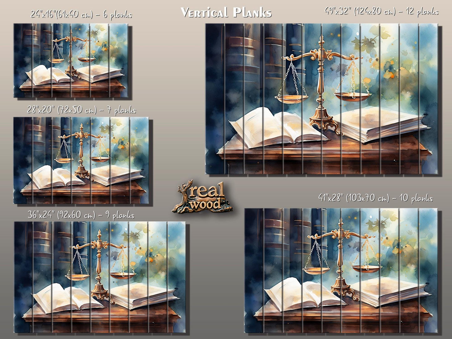 Justice Scales Wall Art – Rustic Wooden Decor with Natural Wood Painting for Lawyer Office