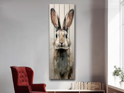 Rabbit Portrait Print on Wood – Beige and Gray Brushstroke Oil Painting, Neutral Rustic Wall Art