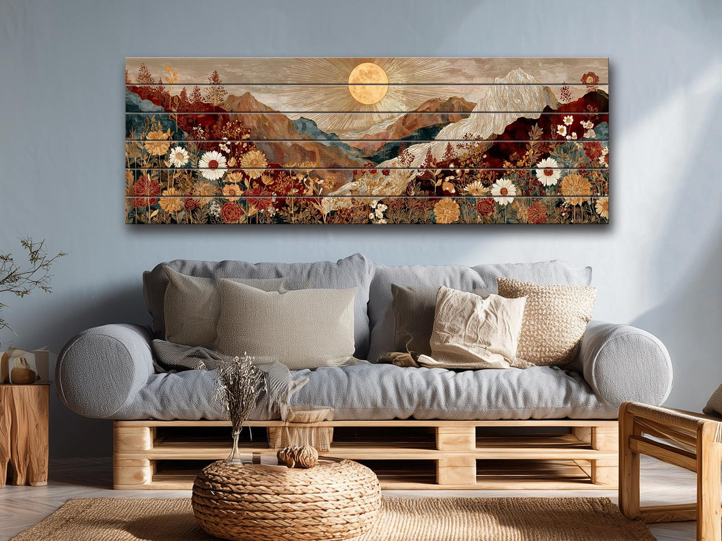 Wildflower Wood Art – Rustic Wall Decor | Botanical Landscape Print on Wood