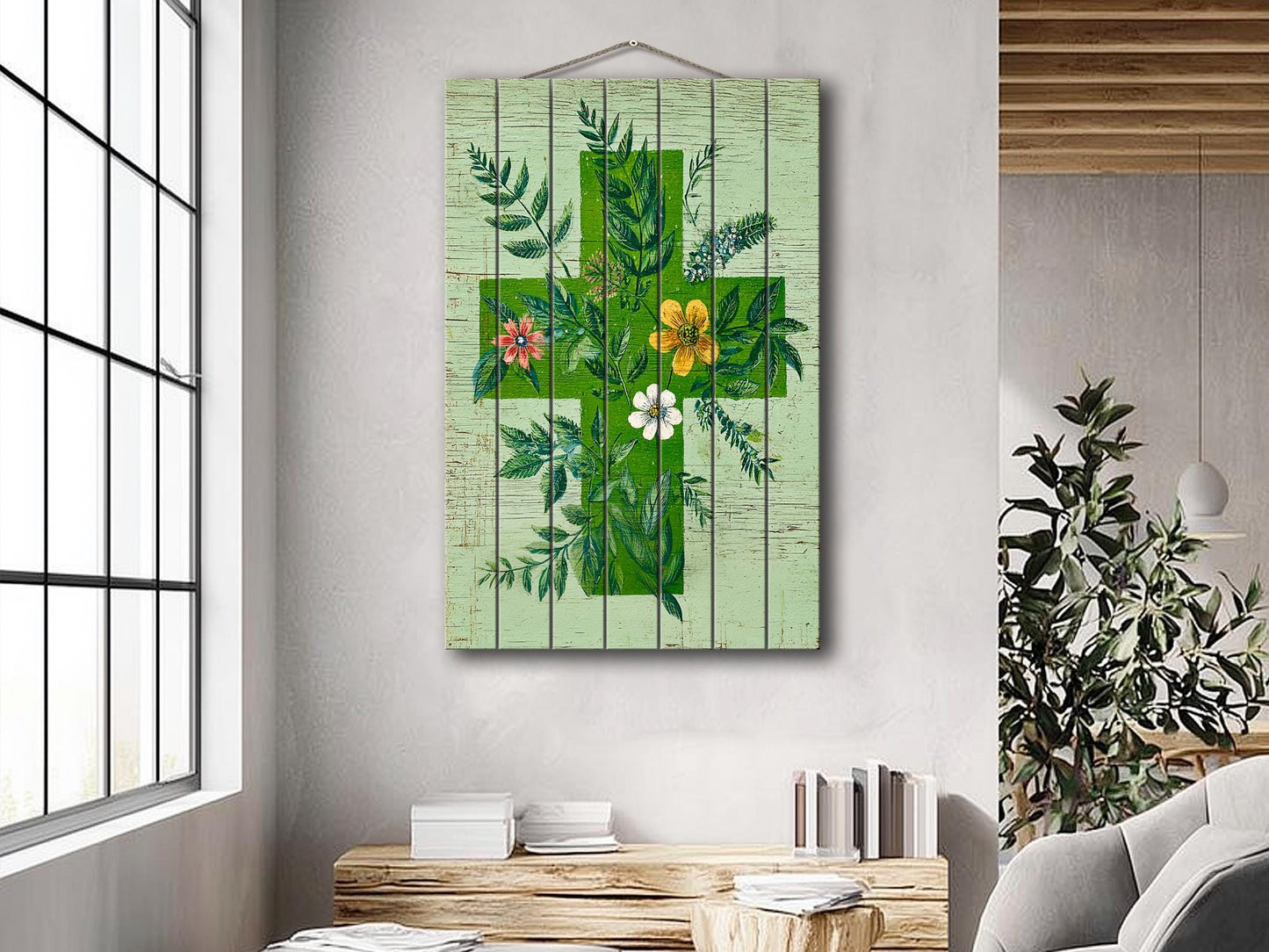 Rustic Wood Wall Art – Floral Medical Cross Print on Wood | Farmhouse Botanical Decor