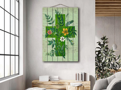 Rustic Wood Wall Art – Floral Medical Cross Print on Wood | Farmhouse Botanical Decor