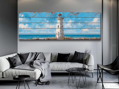 Lighthouse Print Wood – Coastal Wall Art | Rustic Nautical Decor, Serene Seaside Painting