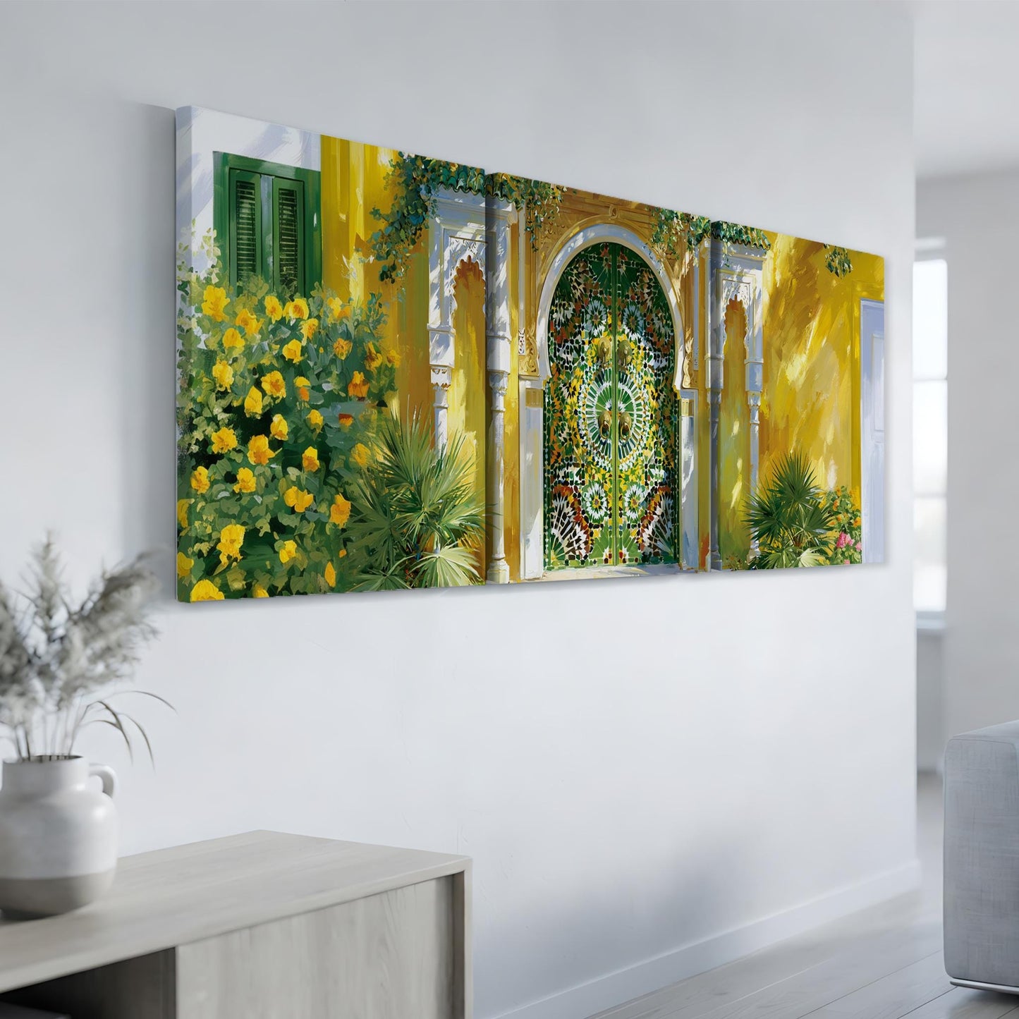 a large, colorful painting of a yellow building with a green door and archway, surrounded by yellow flowers and green plants.